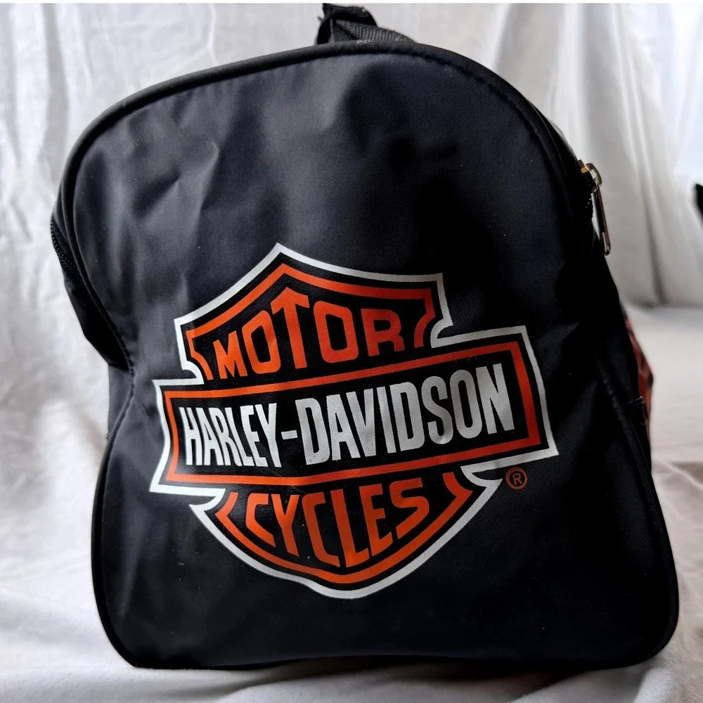 Harley Davidson Motorcycles Duffel Bag Black Orange Travel Gym Gear Bag 19 inch - Picture 2 of 3
